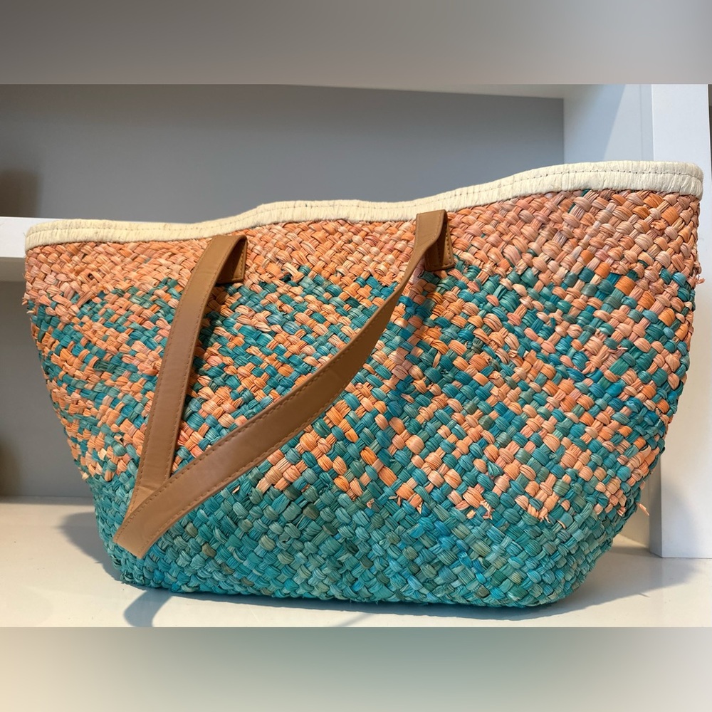 Turquoise and Coral Woven Straw Tote with Brown Handles